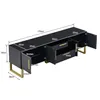 A black TV stand with gold legs and handles, shown with its doors and drawers open to display dimensions. Produktbild-Vorschau
