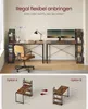 A home office setup with two desks and shelving units, along with a diagram showing assembly options. Produktbild-Vorschau