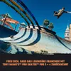 A skateboarder performing a trick in a skatepark with water slides in the background. Náhled obrázku produktu