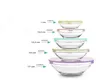A stack of glass bowls with lids, with measurement and volume labels pointing to each bowl. Produktbild-Vorschau