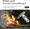 A portable blower is shown being used to fan flames in a campfire. Náhled obrázku produktu