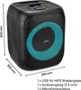 A black speaker with a blue illuminated ring, showing dimensions and connection types. Produktbild-Vorschau