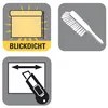 Three icons representing product features: light-blocking, cleaning instructions, and cutting instructions. Produktbild-Vorschau