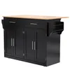 A black kitchen island with a wooden countertop and silver handles, shown from a slight angle against a white background. Voir les images du produit