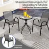 A balcony or patio setting with a small round table and two chairs, with a smaller inset image showing stacked chairs. Voir les images du produit