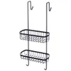 A black metal shower caddy with two shelves and hooks for hanging. Náhled obrázku produktu