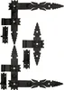 A set of black metal hinges and mounting hardware, arranged on a white background. Produktbild-Vorschau