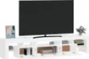 A white TV stand with a large black television on top, and decorative items on the stand. Produktbild-Vorschau