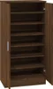 An open brown wooden shoe cabinet with multiple shelves. Náhled obrázku produktu