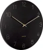A black wall clock with gold numbers and hands. Produktbild-Vorschau