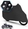A black motorcycle cover is shown on a white background, with a smaller blue motorcycle in the foreground. A hexagonal graphic with weather icons is overlaid on the top left of the cover. Produktbild-Vorschau