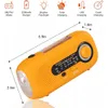 A marketing image showing a portable emergency radio with dimensions and feature icons. Produktbild-Vorschau