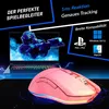 A pink gaming mouse is shown in front of a laptop displaying a video game character. Text overlays describe product features and compatibility. Produktbild-Vorschau
