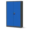 A blue metal storage cabinet with two doors and a silver handle with a key. Podgląd zdjęcia produktu