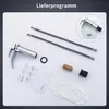 A collection of bathroom faucet components and accessories laid out on a white and light gray background. Produktbild-Vorschau