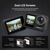 Two action cameras are shown, one with its screen displaying a cycling scene, and another with its front screen visible. A smaller diagram below labels parts of the cameras. Produktbild-Vorschau