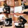 Collage showing a black stand mixer with various attachments and ingredients. Voir les images du produit