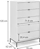 A white chest of drawers with a striped pattern on the drawers, with dimensions indicated by measurement lines and text. Podgląd zdjęcia produktu