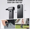A collage showing a portable electric duster next to a smartphone for size comparison, a close-up of the duster being placed in a pocket, and a hand holding the duster with a lanyard outdoors. Náhľad obrázku produktu