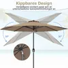 A patio umbrella shown in a beach setting, with text highlighting its tilting feature. Produktbild-Vorschau