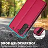 A red phone case is shown in a dynamic, slightly angled shot, with a blurred natural background of trees and a road. The case is depicted as if falling, with small debris around it, emphasizing its protective qualities. A close-up inset shows a detail of t Produktbild-Vorschau