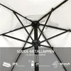 Close-up view of the underside of a white umbrella, showing its metal frame and fabric. Text overlays highlight product features. Produktbild-Vorschau
