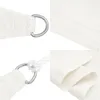 Collage of close-up shots of a white sun sail, showing its fabric texture, D-rings, and rope attachment. Produktbild-Vorschau