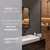 A modern bathroom vanity with a sink and mirror, featuring product specifications overlaid as text. Produktbild-Vorschau