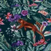 A close-up view of a fabric pattern featuring a monkey and tropical flowers. Produktbild-Vorschau