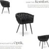 A collage of images showcasing a black velvet armchair from different angles, with accompanying German marketing text highlighting its comfort and design. Produktbild-Vorschau
