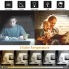 A collage of images showcasing a desk lamp and its features, including people using it and different lighting modes. Produktbild-Vorschau