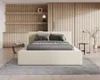A modern bedroom with a beige bed and wooden wall panels. Voir les images du produit