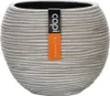 A round, textured planter pot with a label attached. Produktbild-Vorschau