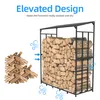 A black metal firewood rack filled with firewood, with a pile of firewood to the left, and graphic elements indicating airflow. Podgląd zdjęcia produktu