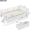 A diagram showing the dimensions of a white wooden bed frame with drawers and a ladder. Anteprima dell’immagine prodotto