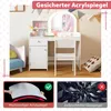 A children's vanity table set with a mirror, chair, and storage, presented in a collage format with a comparison of mirror types. Podgląd zdjęcia produktu