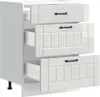 A white kitchen cabinet with three drawers, two of which are partially open, against a white background. Náhled obrázku produktu