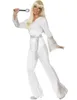 A woman wearing a white disco costume and a blonde wig, holding a microphone. Produktbild-Vorschau