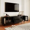 A modern living room setup featuring a black TV stand with a television, record player, and other decorative items. A rug with a geometric pattern is in the foreground. Anteprima dell’immagine prodotto