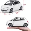 Two views of a white die-cast model car, a Fiat 500, with dimensions indicated by measurement lines and text. Produktbild-Vorschau