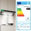A kitchen range hood with steam rising from a pot on a stovetop, next to an energy efficiency label. Produktbild-Vorschau