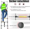 A person is climbing a telescopic ladder, with text and diagrams highlighting safety features. Voir les images du produit