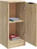 A close-up view of an open wooden cabinet with two shelves, displaying books on each shelf. Podgląd zdjęcia produktu