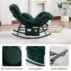 A collage of images showing a green rocking chair with various close-up details and a diagram illustrating adjustability. Produktbild-Vorschau