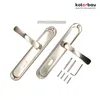 A pair of satin nickel door handles with screws and an Allen key on a white background. Produktbild-Vorschau