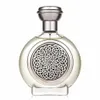 A clear, professional studio shot of a round perfume bottle with a silver cap and a decorative silver Celtic knot design on the front. Anteprima dell’immagine prodotto