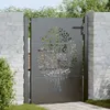 A black metal garden gate with a tree design, set between two brick pillars, with greenery in the background. Produktbild-Vorschau