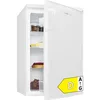 A white Clatronic refrigerator with its door ajar, revealing shelves stocked with food items. An energy efficiency label is visible on the front door. Produktbild-Vorschau