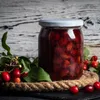 A jar of preserved berries sits on a rustic display with fresh berries and leaves. Anteprima dell’immagine prodotto
