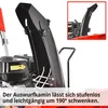 Close-up of a snow blower's discharge chute and engine components, with an inset image showing the chute from a different angle. Produktbild-Vorschau